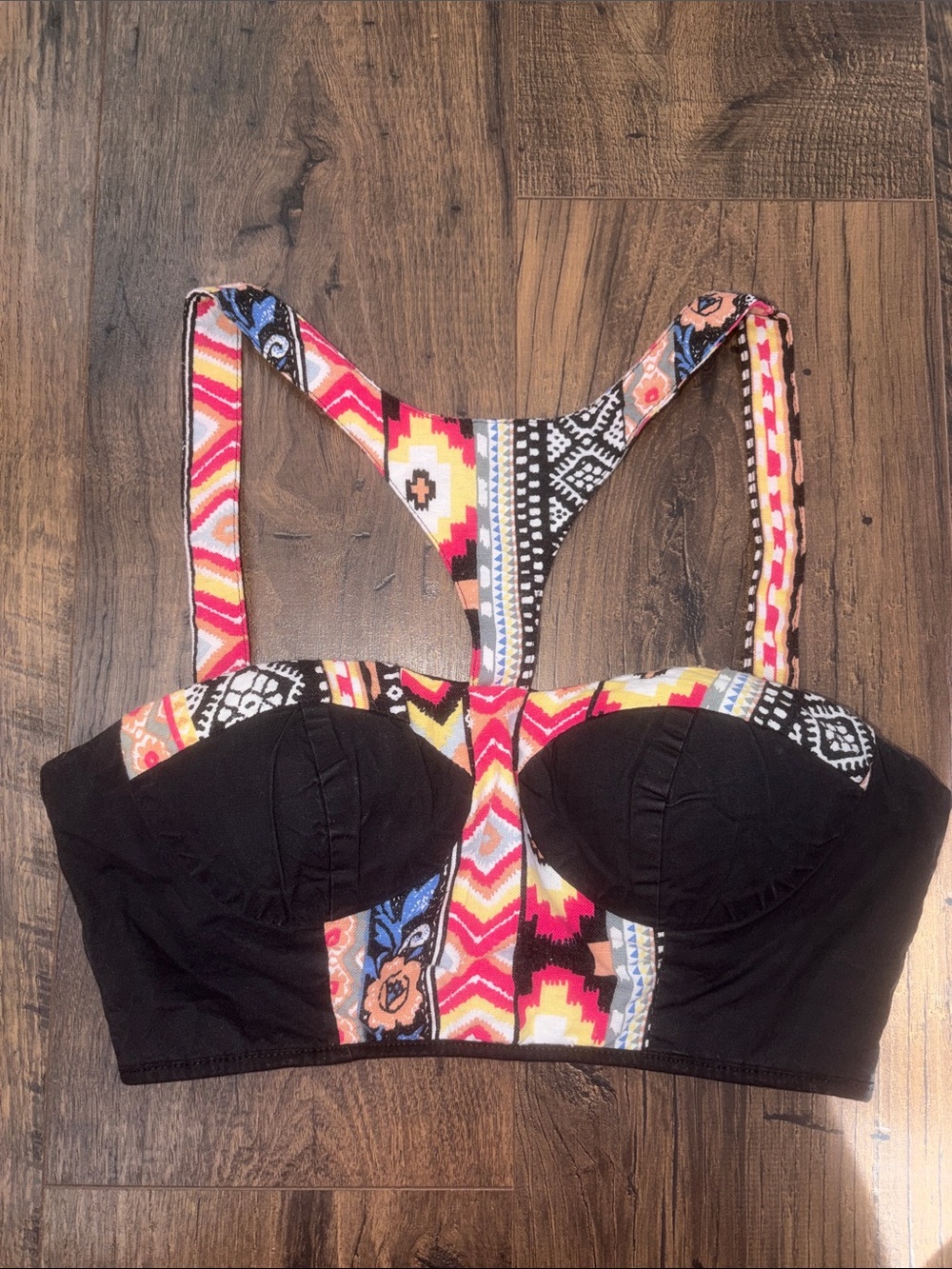 NWOT Sabo Skirt Black Bustier with Multicolor Aztec Straps